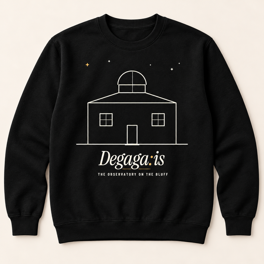 Black Schoolhouse Crewneck Sweatshirt design preview: approved large cream and gold observatory artwork on the front. Final garment pending confirmation.