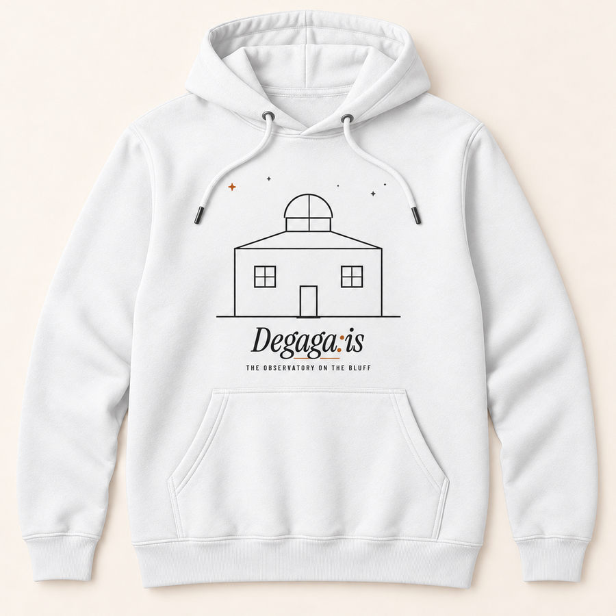 White Schoolhouse Hoodie with high-contrast charcoal observatory artwork and copper accents above the pouch pocket; front design mockup.