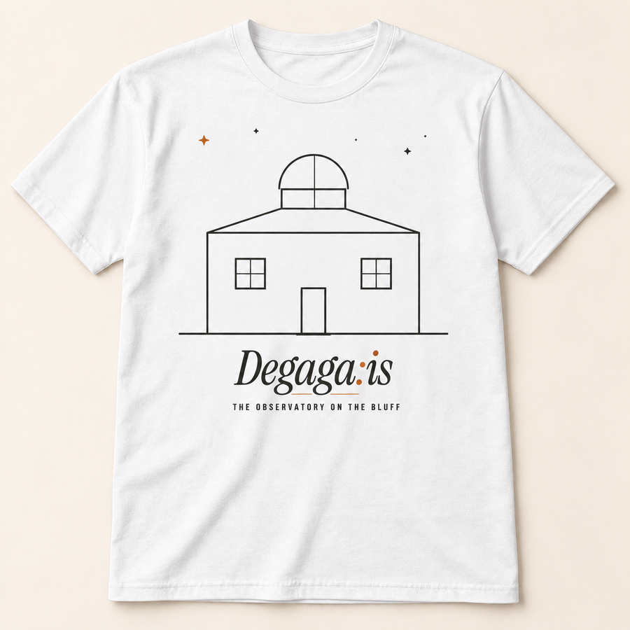 White Schoolhouse T-shirt with charcoal building outlines and lettering, copper accents and a plain back; front design mockup.
